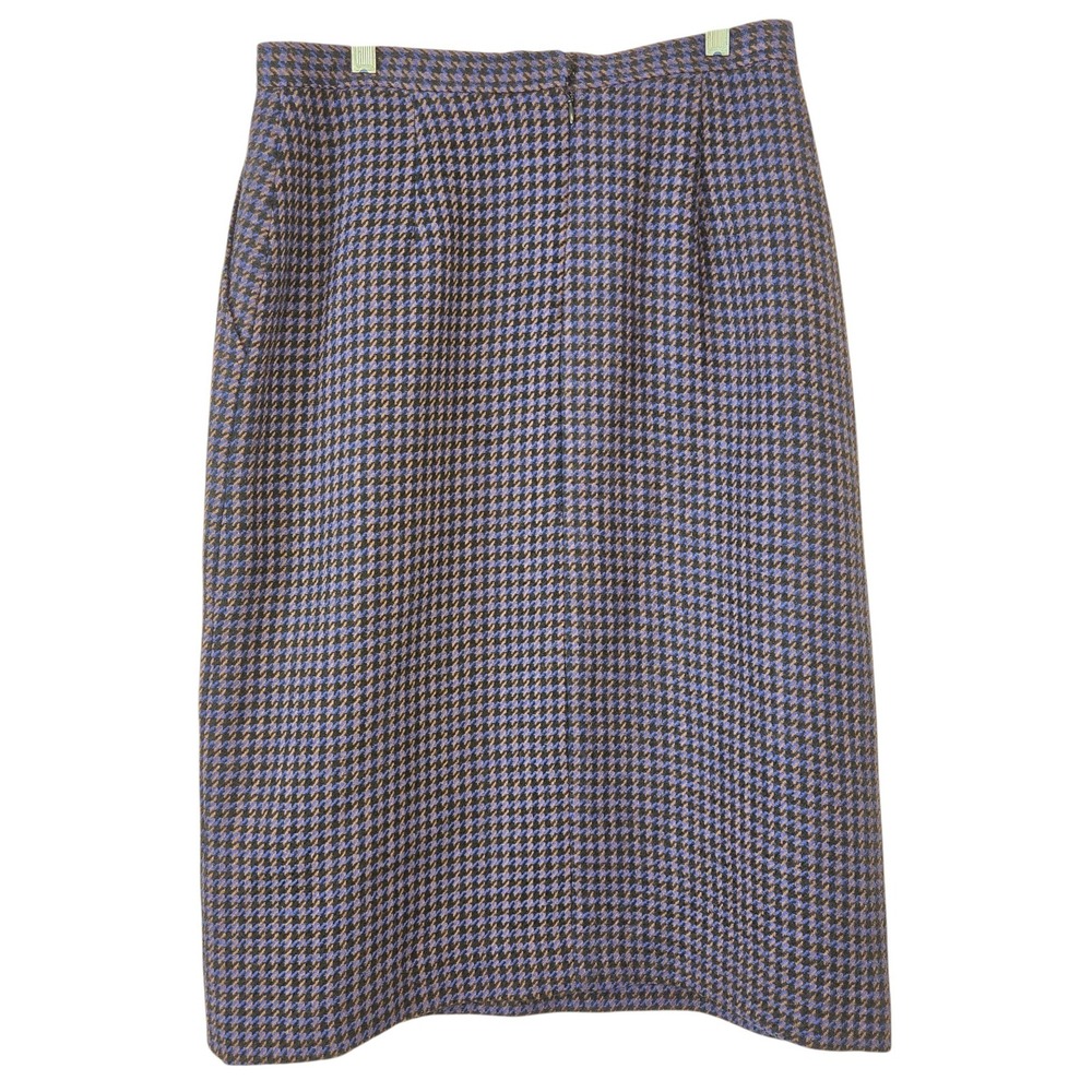 Vintage Evan Picone Wool Skirt Womens 14 Houndstooth Plaid Blue Brown Made USA